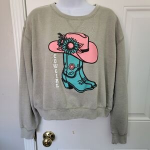 Relaxx Women's Cropped Long Sleeve Sweatshirt Cowgirl Boots Hat Pink Teal Large